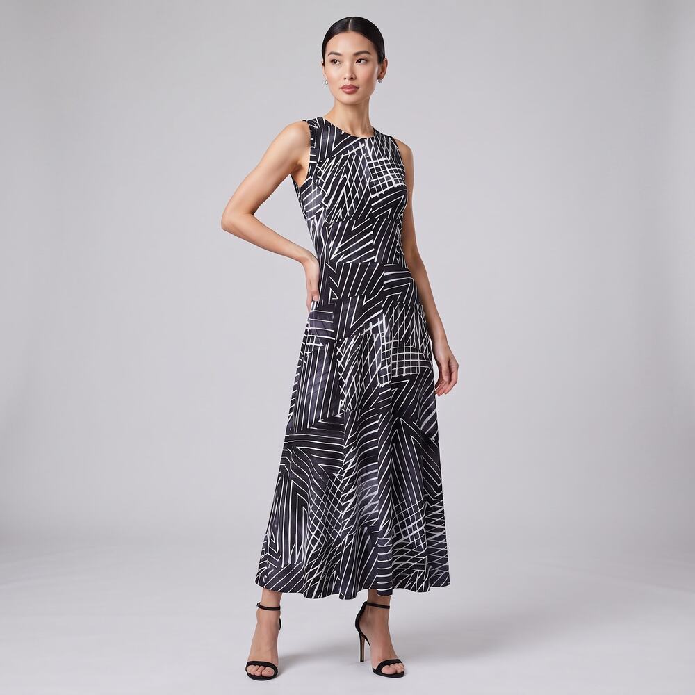 Lauren Ralph Lauren Geometric Maxi Dress Black White Sleeveless Knit Size 4